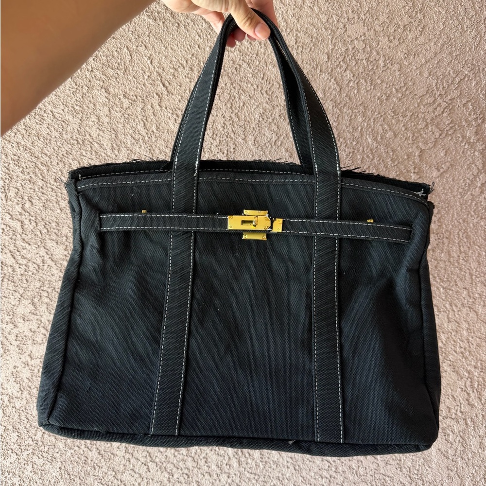 Vintage Stylish and Spacious Boatkin Bag in Black with Gold Buckle